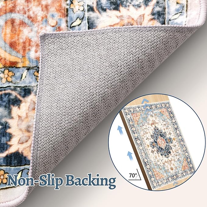 Tangsoo 4x6 Area Rug for Living Room, Washable Vintage Indoor, Distressed Blue/Beige Carpet for Bedroom, Non Slip Dining Room, Soft Low Pile Rugs Foldable for Dorm Bedside Bathroom