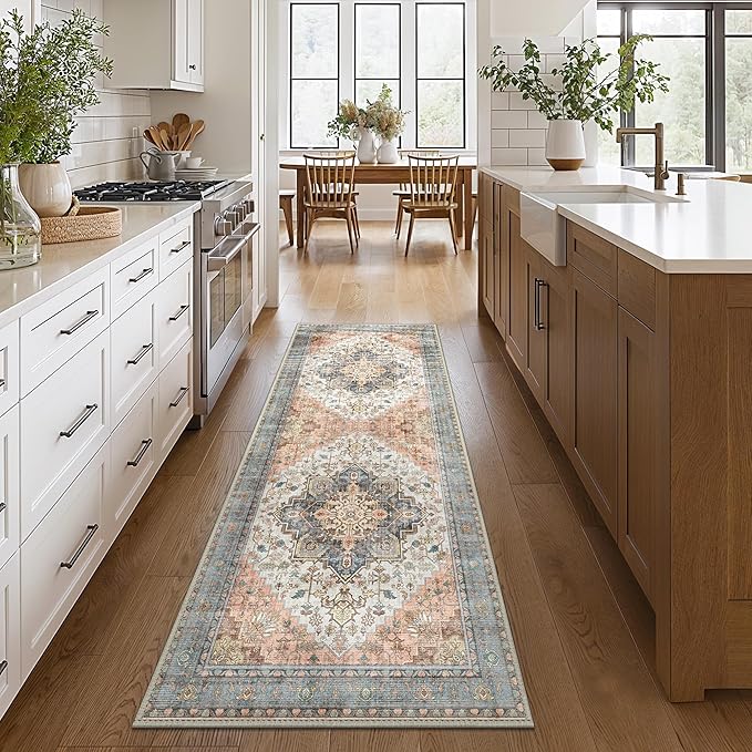 GENIMO 2x5 Runner Rugs for Hallway, Machine Washable Non Slip Vintage Rugs, Low Pile Lightweight Soft Print Rug for enrtyway, Corridor, Home Office, Kitchen, Blue Brick Red
