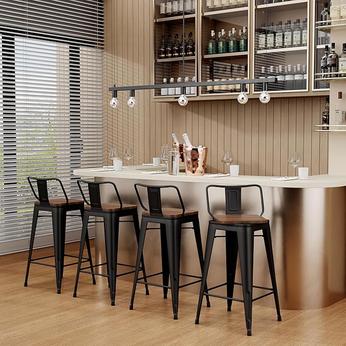 30 Inch Swivel Bar Stools Set of 2 with Backs Counter Height Industrial Metal Barstools Island Bar Chairs for Home Kitchen Dining Room (Swivel 30 inch,Matte Black Wooden)