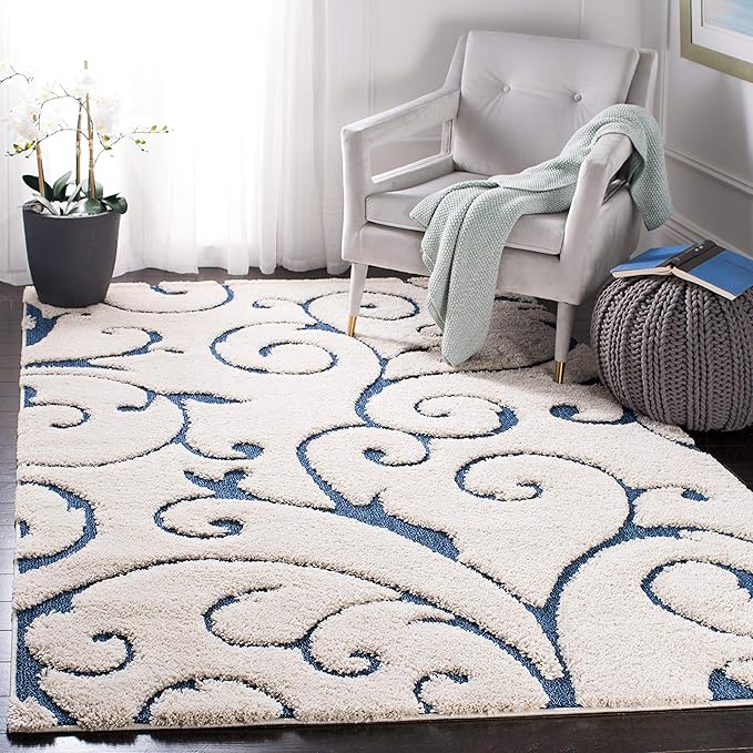 SAFAVIEH Florida Shag Collection Area Rug - 4' Square, Cream & Blue, Scroll Design, Non-Shedding & Easy Care, 1.2-inch Thick Ideal for High Traffic Areas in Living Room, Bedroom (SG455-1165)