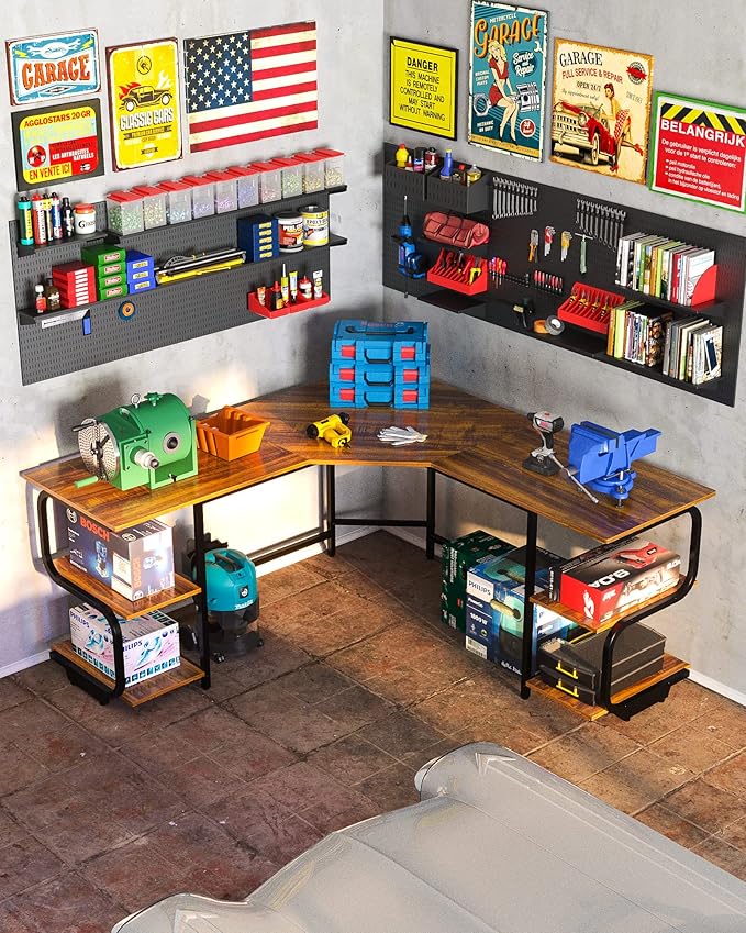 Teraves Modern L Shaped Desk with Shelves,64.84" Computer/Gaming Desk for Home Office,Corner Desk with Desktop (Teak+Black Frame, Large+4 Tier Shelves)