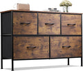 WLIVE Dresser for Bedroom with 5 Drawers, Long Fabric Dresser, Storage Drawer Unit with Fabric Bins for Closet, Hallway, Rustic Brown Wood Grain Print, Size L