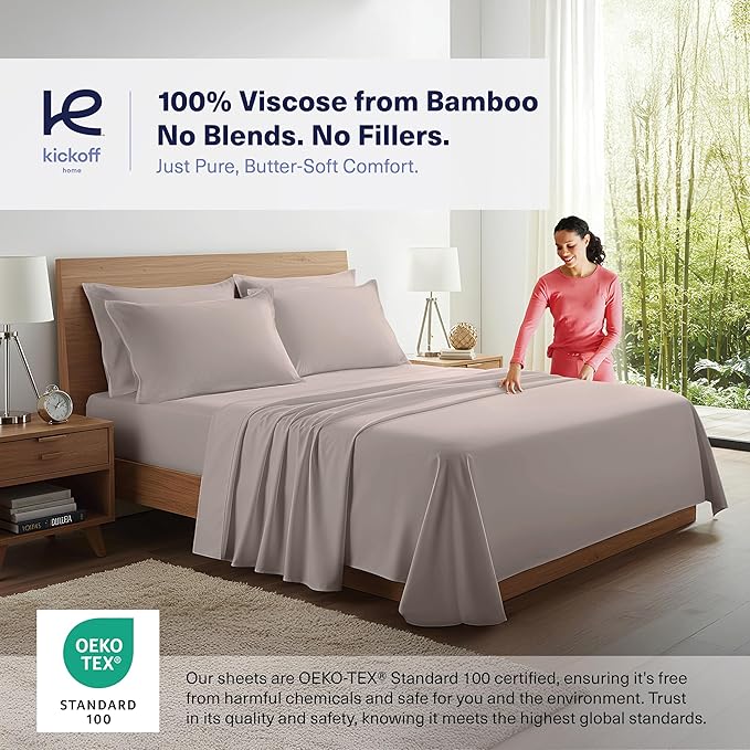Kickoff Viscose Bamboo Sheets Queen Size 4-pc 100% Organic Bamboo Viscose Bed Cooling Sheets Queen Size Set Cool Bedding for hot Sleepers Sheet, Flat, Fitted, Pillowcases (Grey Mist, Q)