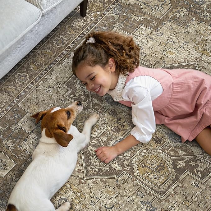 GENIMO 2x5 Runner Rugs for Hallway, Machine Washable Non Slip Vintage Retro Rugs, Low Pile Lightweight Soft Print Rug for enrtyway, Corridor, Home Office, Kitchen, Rustic Brown