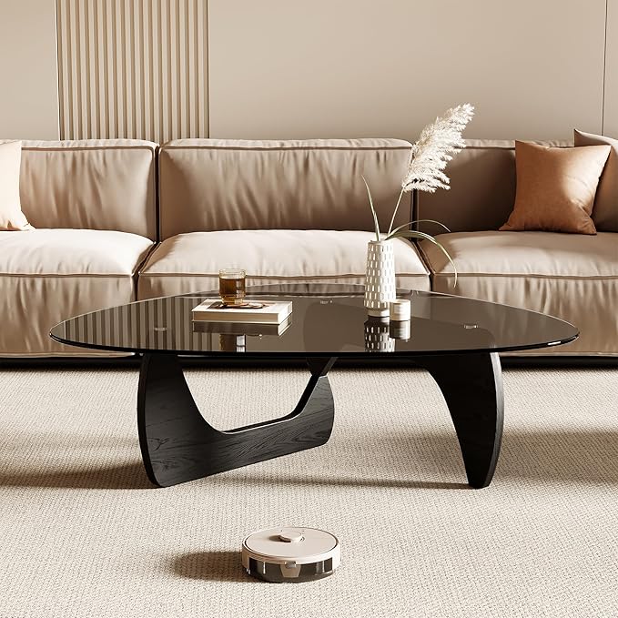 Honyee Morden Coffee Table, 42.5" x 28.5" x 16.1" Triangle Tempered Glass Top for Living Room, Color: Black