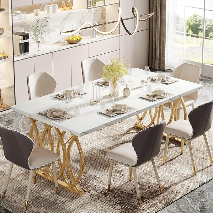 Tribesigns Modern Dining Table, 63" Large Kitchen Table for 4-6 People, Unique Rectangular Dinner Table Kitchen & Dining Room Furniture with Faux Marble Tabletop and Geometric Legs