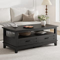 GarveeHome Farmhouse Coffee Table with Drawers, 47.2" Center Table Rustic Coffee Tables Black Living Room Table, with Open Shelf and 6 Support Legs