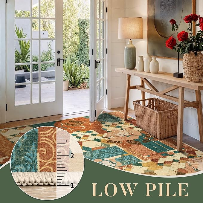 GENIMO 5X7 Floral Area Rugs for Living Room, Machine Washable Non Slip Vintage Patchwork Washable Rug, Ultra-Thin Low Pile Chenille Rugs for Bedroom, Dining Room, Rose Red