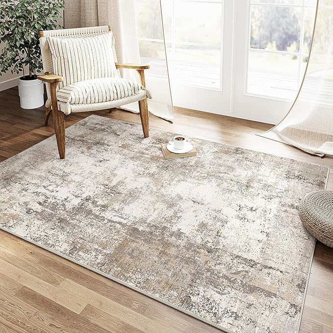 3x5 Washable Area Rug Brown Grey Neutral Abstract Entryway Kitchen Non Slip Low Pile Throw Rug Living Room Bedroom Indoor Doormat Small Soft Carpet for Entrance Bathroom