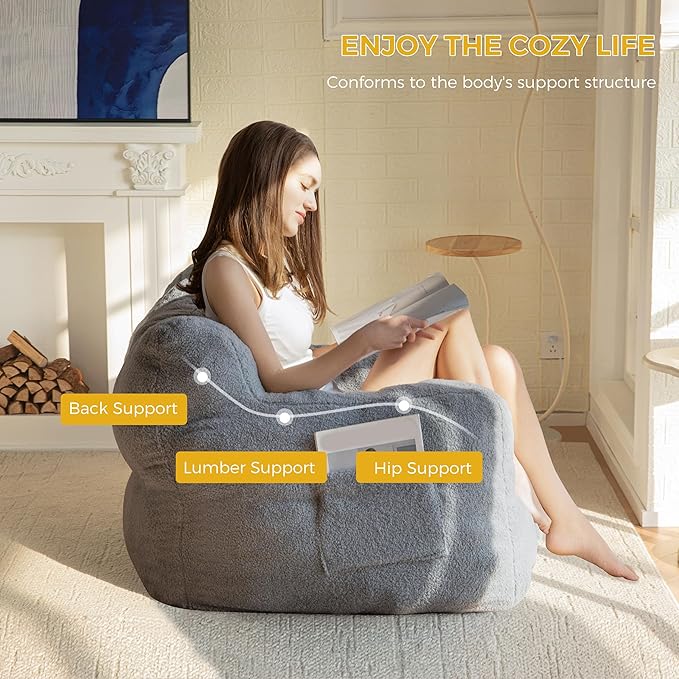 MAXYOYO Bean Bag Chair, Tufted Bean Bag Sofa with Boucle Fabric, Comfy Lazy Chair with Filler, Living Room Sofa for Adults Teens, Accent Couch for Bedroom Dorm, Grey
