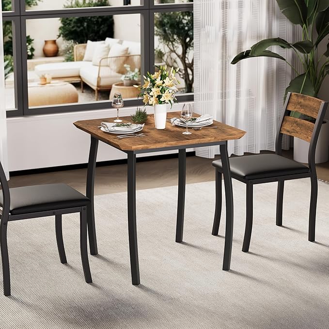 Small Dining Table Set for 2,3-Piece Kitchen Table Set with Thick Wood Grain Tabletop & 2 Upholstered Chairs & Metal Frame, Compact Table Set for Small Spaces, Kitchens & Dining Rooms (Brown)