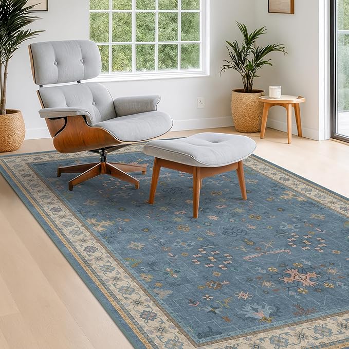 Washable 4x6 Small Rug for Living Room, Area Rug for Kitchen, Bedside, Large Entryway Indoor - Stain Resistant Non Slip with Rubber Backing, Unique Floral Aethestic Décor, Light Blue & Aqua