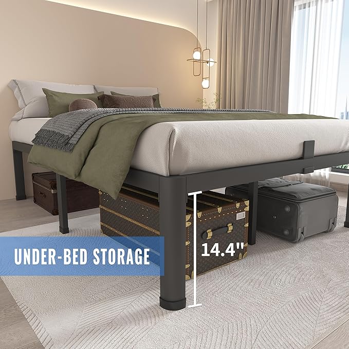 MAF 16 Inch King Size Bed Frame with Round Corner Legs Mattress Slide Stopper No Box Spring Needed Heavy Duty Metal Platform Bed Frames Under-Bed Storage Space, 3000 LBS Steel Slats Support