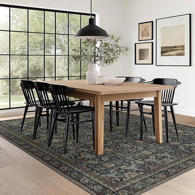 6X9 Area Rugs Machine Washable Rugs for Living Room, Vintage Boho Large Rugs for Bedroom Dining Room, Non Slip Indoor Soft Distressed Lightweight Thin Low Pile Carpet, Black