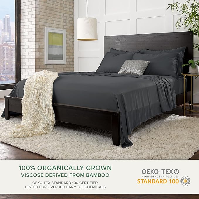 Full Sheets by Pure Bamboo, Genuine 100% Organic Viscose Derived from Bamboo Bed Sheet Set, Luxuriously Soft & Cooling, Double Stitching, 2 Year Quality Promise (Full, Charcoal)