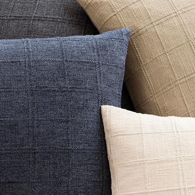 Foindtower Set of 2 Decorative Linen Check Throw Pillow Covers Neutral Farmhouse Vintage Cushion Covers Modern Boho Home Decor for Sofa Chair Couch Bedroom Living Room Outdoor,22×22 Inch,Navy Blue