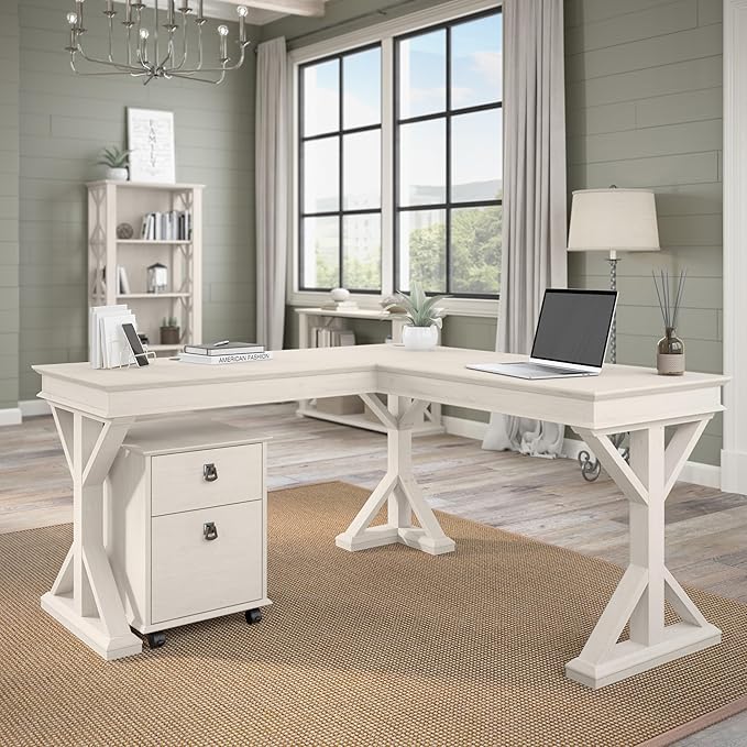 Bush Furniture Homestead 4 Shelf Farmhouse Bookcase in Linen White Oak, Vertical Office Organizer, Home Shelving Unit for Books and Decor, Bookshelf
