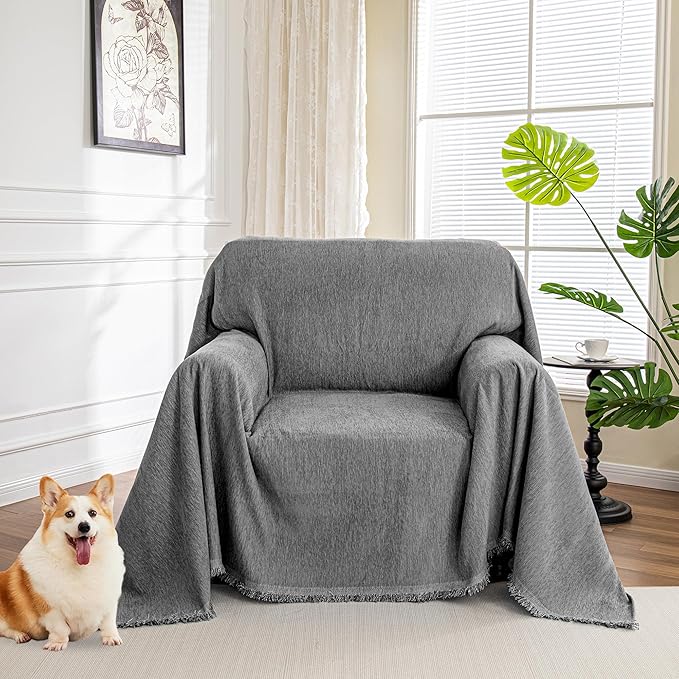 MYSKY HOME Chair Couch Covers Sectional Couch Covers for Pet Sofa Covers, Non Slip Soft Couch Sofa Cover, Washable Furniture Protector Sofa Slipcover with Tassel Throws, 71"x91", Dark Grey