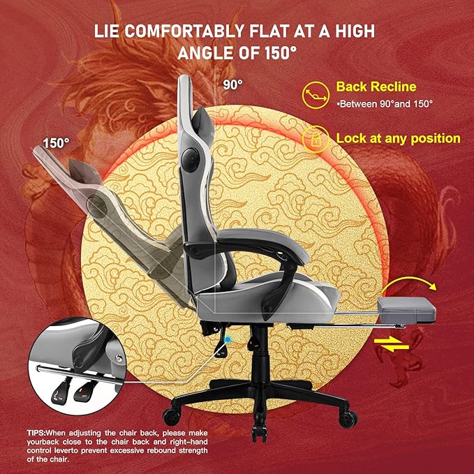 GTPLAYER Gaming Chair with Bluetooth Speakers and Footrest, Dragon Series Video Game Chairs, Heavy Duty Ergonomic Chairs, Esports Gaming Computer Office Chair (Gray)