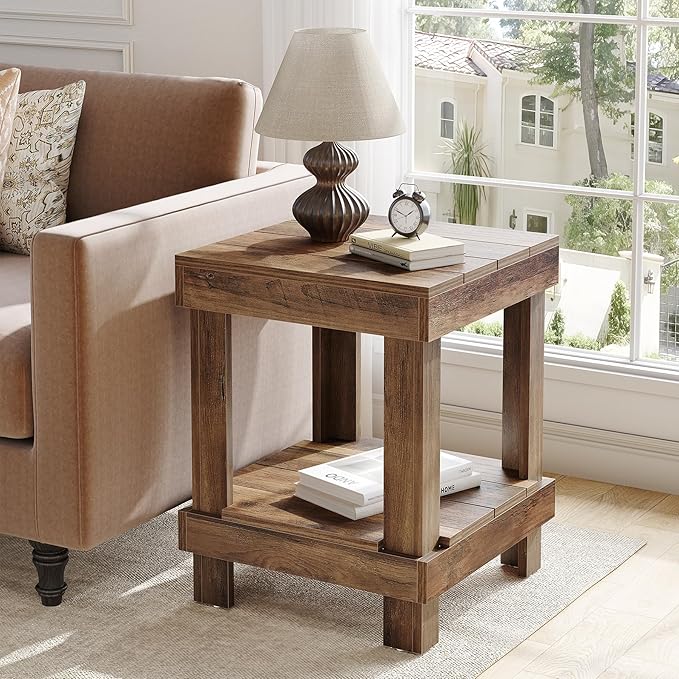 LITTLE TREE 2-Tier End Table, All Wooden Square Side Table with 2 Storage Shelves, Farmhouse Chairside Table Side End Table for Living Room, Small Bedside Table Nightstand for Bedroom, Natural Color
