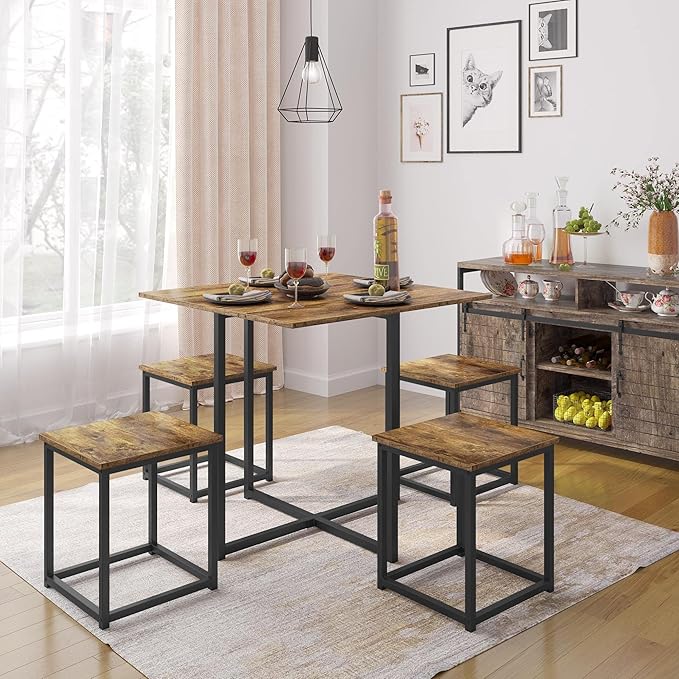 Yaheetech Industrial Dining Table Set for 4 Compact Kitchen Table and 4 Stools Space Saving Home Furniture for Small Space, Rustic Brown