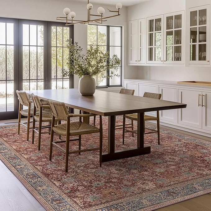 8X10 Area Rugs Machine Washable Rugs for Living Room, Vintage Boho Large Rugs for Bedroom Dining Room, Non Slip Indoor Soft Distressed Lightweight Thin Low Pile Carpet, Red Brown