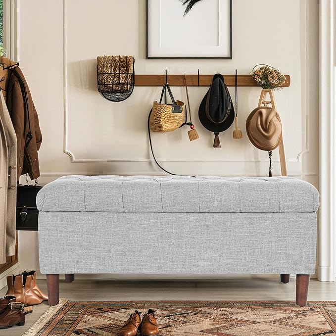 HomePop Home Decor | Tufted Ainsley Button Storage Ottoman Bench with Hinged Lid | Ottoman Bench with Storage for Living Room & Bedroom,Gray Woven