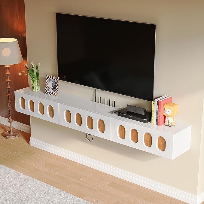 Floaticase Floating TV Stand, 70IN Fully Assembled High Gloss Wall Mounted Entertainment Center with Flip-Down Doors & Drawers, TV Console Under TV Shelf for Bedroom Livingroom