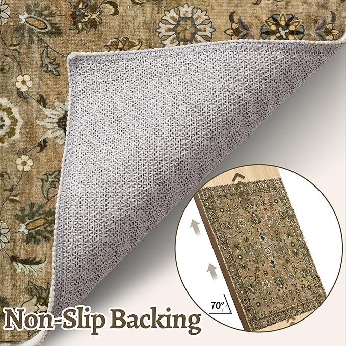 2.6x8 Hallway Runner Rug, Floral Washable Non-Slip Vintage Boho Runner Rug for Hallway Entryway Indoor, Brown Print Carpet,Soft Low Pile Long for Kitchen Bedroom