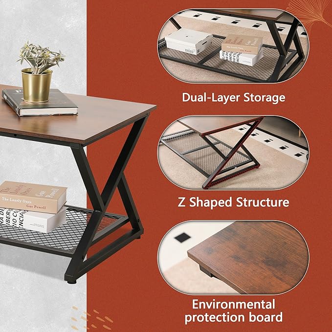 SENIG Coffee Table with Storage Shelf, Industrial Metal Wood Living Room Tables, Rectangle Center Table 39 Inch, Vintage Simple 2 Tier Cocktail Table, Brown