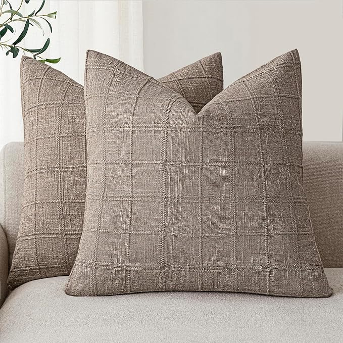 Foindtower Set of 2 Decorative Linen Check Throw Pillow Covers Neutral Farmhouse Vintage Cushion Covers Modern Boho Home Decor for Sofa Chair Couch Bedroom Living Room Outdoor,26×26 Inch,Tan Taupe