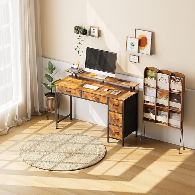 Computer Desk with 5 Drawers, Gaming Desk with LED Lights Power Outlets and Type-C, 47 Inch Office Desk with Storage, Monitor Stand, Writing Desk Work Table for Home Office, Small Spaces, Rustic Brown