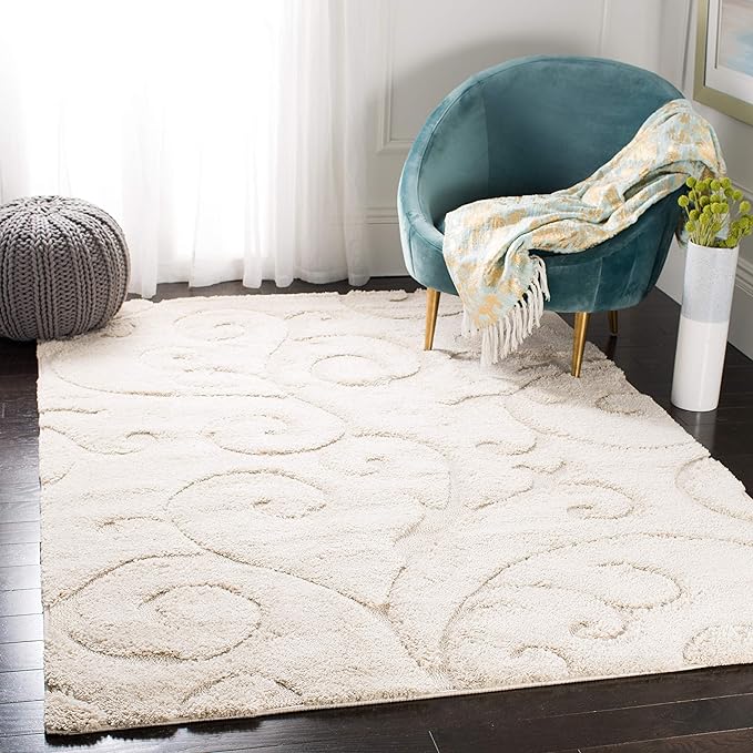 SAFAVIEH Florida Shag Collection Area Rug - 8' Square, Creme & Creme, Scroll Design, Non-Shedding & Easy Care, 1.2-inch Thick Ideal for High Traffic Areas in Living Room, Bedroom (SG455-1111)