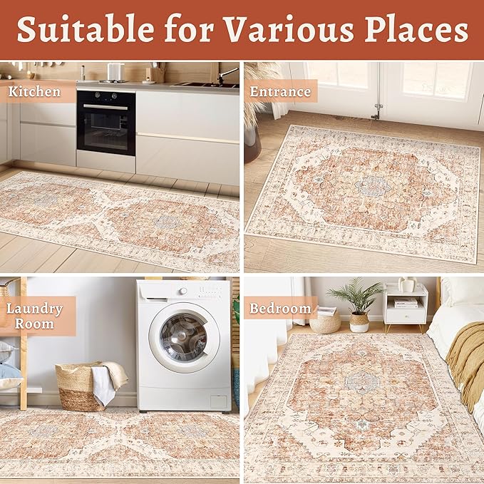 Tangsoo 2x6 Washable Runner Rug for Hallways, Non Slip Vintage, Soft Low Pile Long Runner, Print Distressed Brick Red for Kitchen Bedroom Entryway Bathroom Living Room