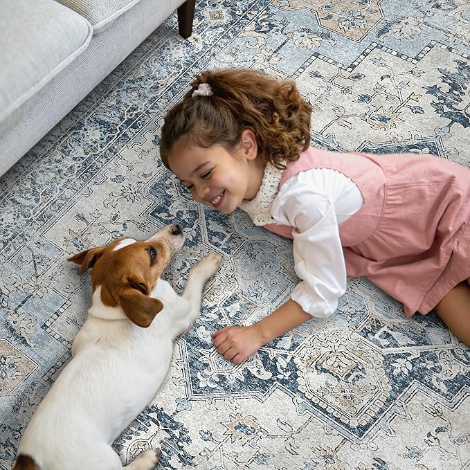 GENIMO Runner Rug 2'6''x10, Non Slip Vintage Hallway Runner Rugs, Low Pile Lightweight Machine Washable Mat for Hallway, Entryway, Bedroom, Kitchen and Corridor, Blue