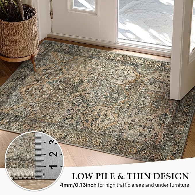 GENIMO 2x3 Area Rugs for Living Room, Machine Washable Non Slip Vintage Rugs, Low Pile Lightweight Chenille Print Rug for Bedroom, Dining Room, Home Office, Warm Taupe