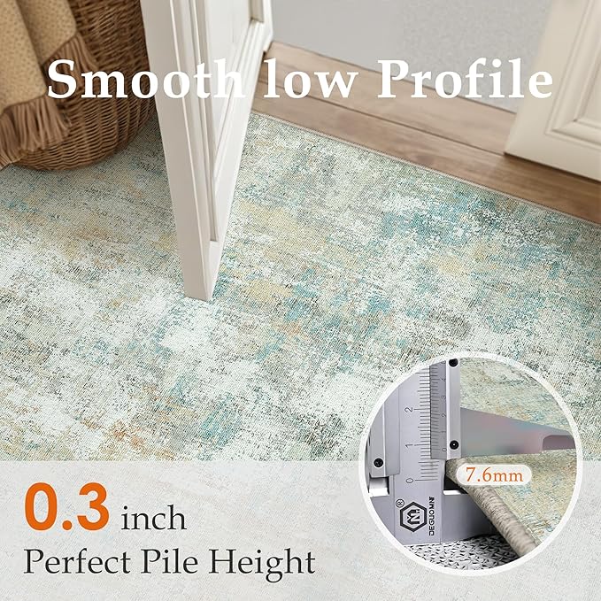6x9 Washable Area Rug Teal Beige Modern Neutral Abstract Living Room Bedroom Indoor Floor Carpet Low Pile Soft Non-Slip Lightweight Vacuumable Throw Rug for Nursery Dining Room Office
