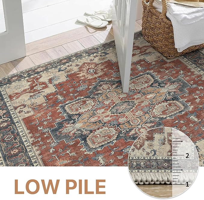 GENIMO 2'6''x12 Runner Rugs for Hallway, Machine Washable Non Slip Vintage Rugs, Low Pile Lightweight Soft Print Rug for enrtyway, Corridor, Home Office, Kitchen, Bordeaux