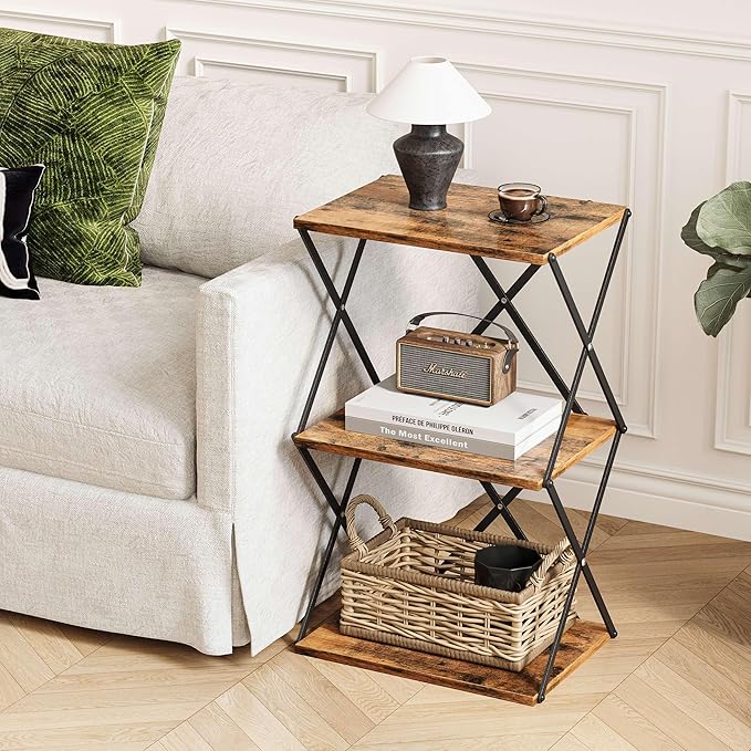 3-Tier End Table Set of 2 Small Side Table Tall Bedside Night Stand with Storage Sofa Side desks for Living Room Bedroom Office Bathroom Small Space Rustic Brown ET-03RB-2