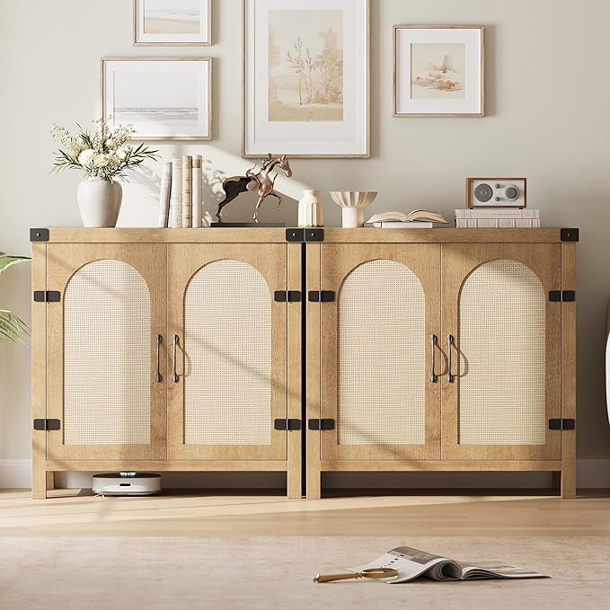 IDEALHOUSE Rattan Buffet Cabinet with Storage, Sideboard with Synthetic Rattan-Accent Doors, Adjustable Shelves, Storage Cabinet for Living Room Dining Room Hallway, Natural