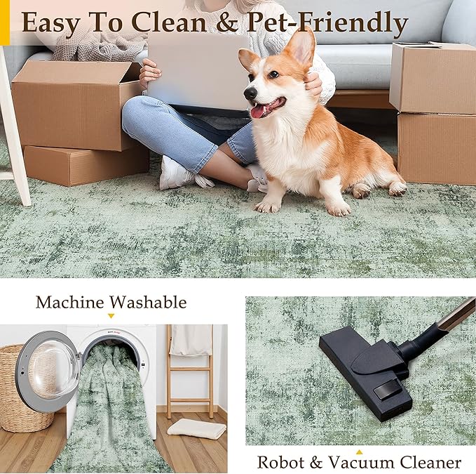 9x12 Area Rug Dark Green Modern Neutral Abstract Living Room Bedroom Indoor Floor Carpet Low Pile Soft Non-Slip Lightweight Vacuumable Washable Large Throw Rug for Nursery Dining Room