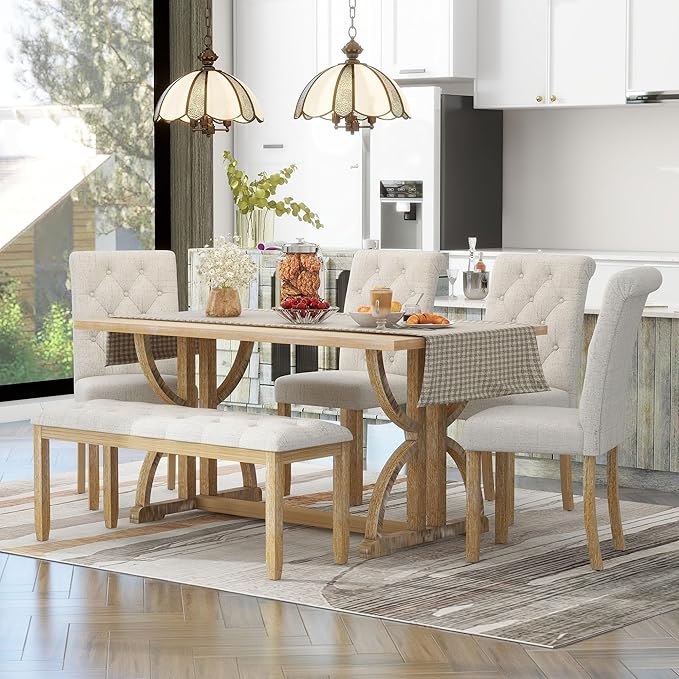 SogesPower 6-Piece Dining Table Set, Rectangular Farmhouse Kitchen Dining Table Set with 4 Upholstered Chairs & 1 Bench, Retro Kitchen Table Set for 4-6 for Dining Room Living Room,Natural Wood Wash