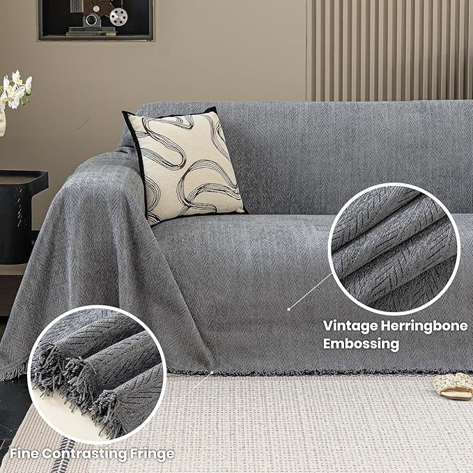 Nobildonna Sofa Cover Washable Soft Thicken Chenille Couch Cover with Tassel,Waterproof Sofa Slipcover for 2-3 Cushion Couch,Sectional Sofa,L-Shaped Furniture Protector Pet-Friendly,Dark Gray 71x118