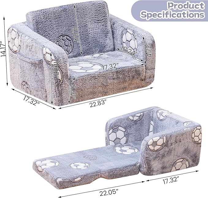 Lamerge 2-in-1 Soft Toddler Couch Fold Out,Foldable Toddler Chair, Glow in The Dark Kids Sofa for playroom,Convertible Foam and Floor Cushion for Boys and Girls (Grey and Football)
