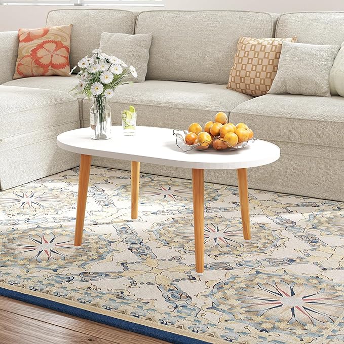 Oval Coffee Table Low Table with 4 Solid Wood Sturdy Legs, Floor Table Desk for Sitting on The Floor, Storage and Living Room Furniture (White)