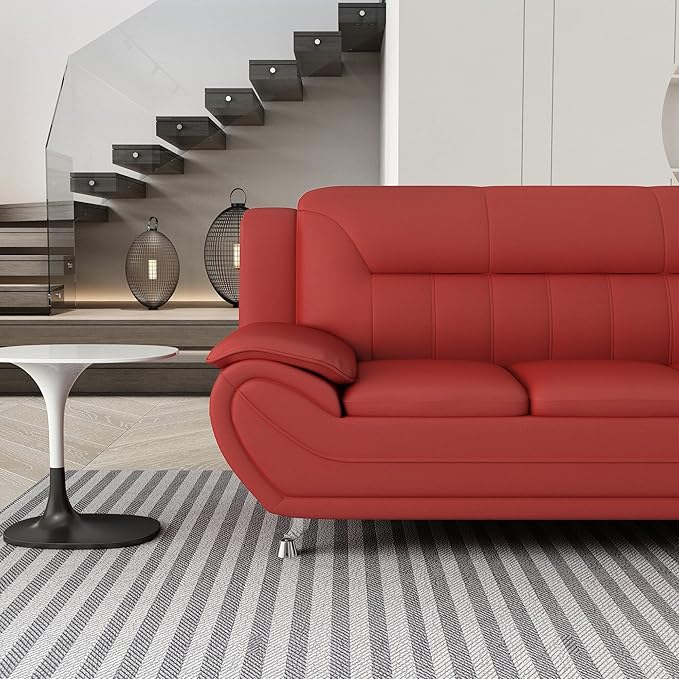 Container Furniture Direct Michael Modern Faux Leather Upholstered Stainless Steel Legs Living Room Sofa, Chair, Persian Red
