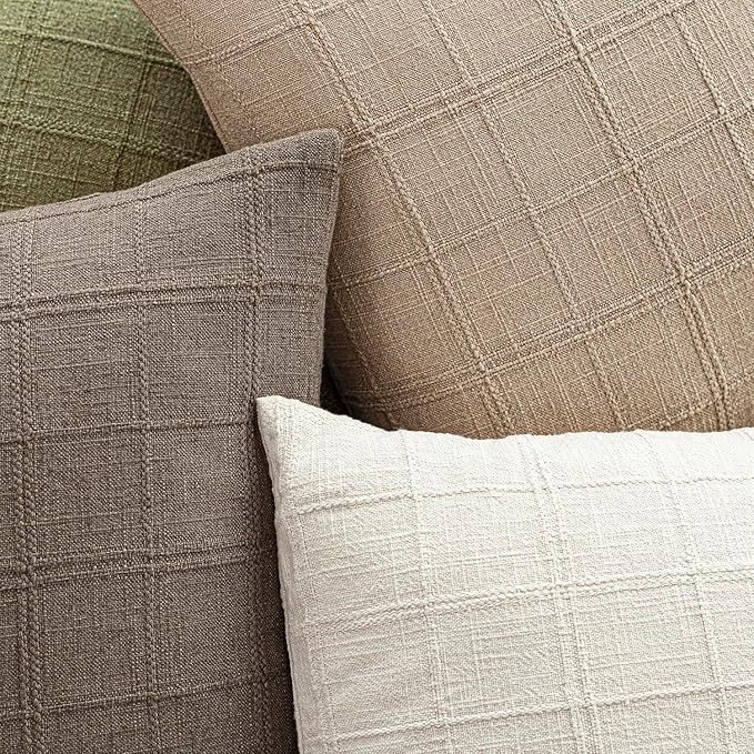 Foindtower Set of 2 Decorative Linen Check Throw Pillow Covers Neutral Farmhouse Vintage Cushion Covers Modern Coastal Boho Home Decor For Sofa Chair Couch Bedroom Living Room Outdoor,16×16 Inch,Camel
