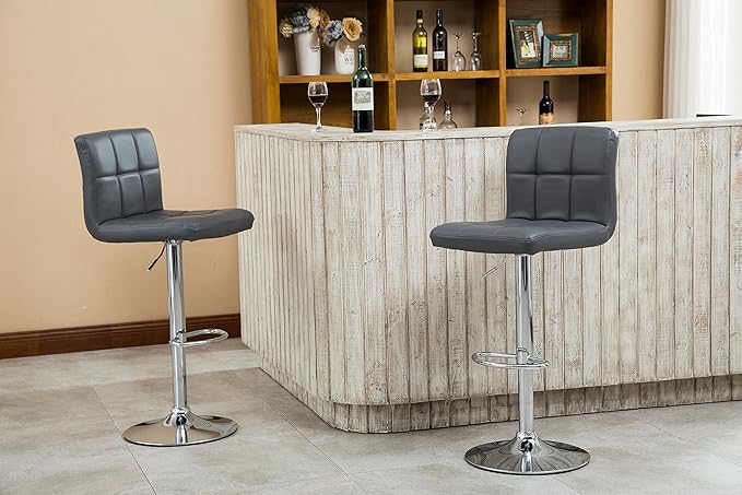 Roundhill Furniture Swivel Leather Adjustable Hydraulic Bar Stool, Set of 2, Gray