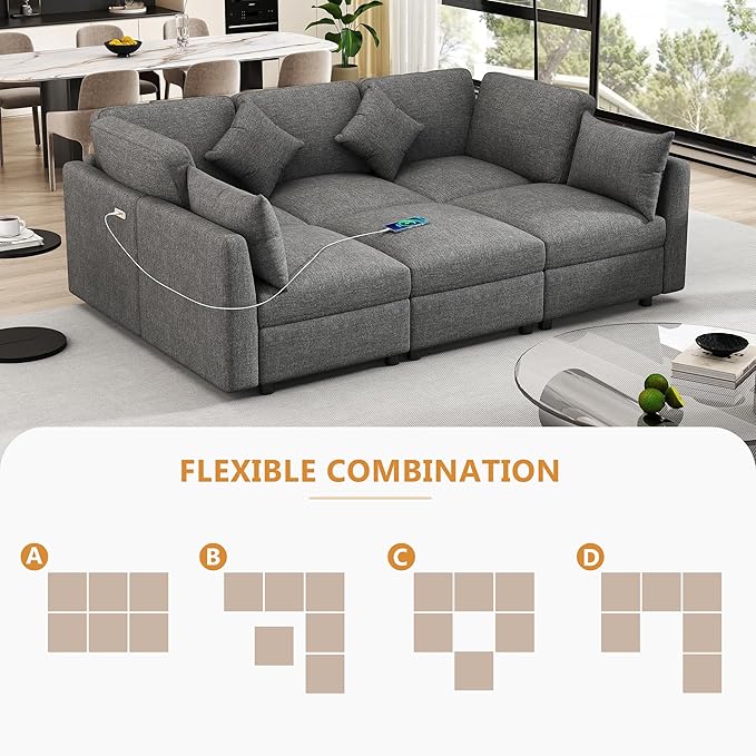 Ball & Cast Oversize Modular Sectional Sofa,85.4" 5-Seater Couch with USB Ports and 9 Pillows,Chenille Upholstered Convertible Sleeper Sofabed w/Movable Ottoman,for Living Room,Grey