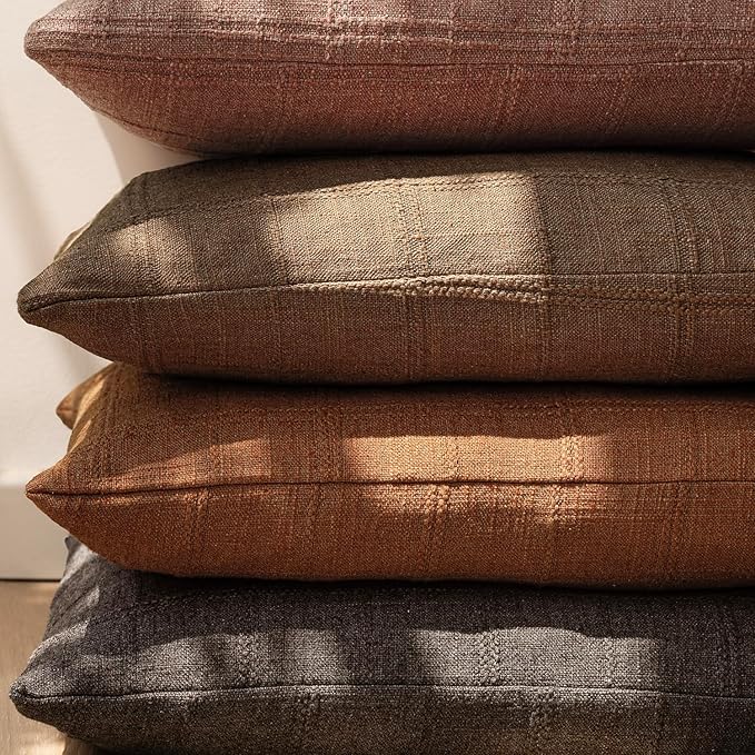 Foindtower Set of 2 Decorative Linen Check Throw Pillow Covers Neutral Farmhouse Vintage Cushion Covers Modern Boho Home Decor for Sofa Chair Couch Bedroom Living Room Outdoor,20×20 Inch,Orange
